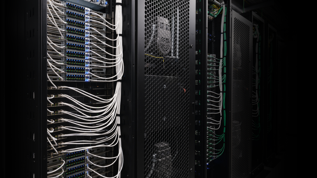 NVIDIA GB200 NVL72 rack-scale AI infrastructure with dense GPU compute and liquid cooling